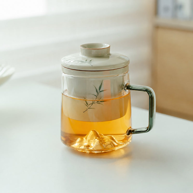 手繪筱竹大容量玻璃辦公泡茶杯附蓋濾茶茶水分離
