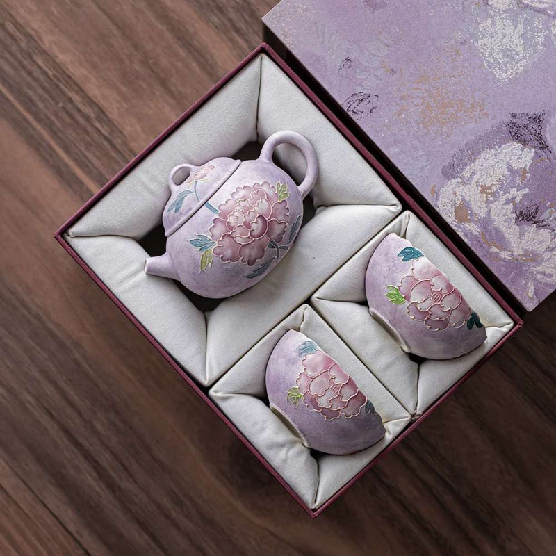 紫色牡丹精緻陶瓷茶杯茶具禮盒