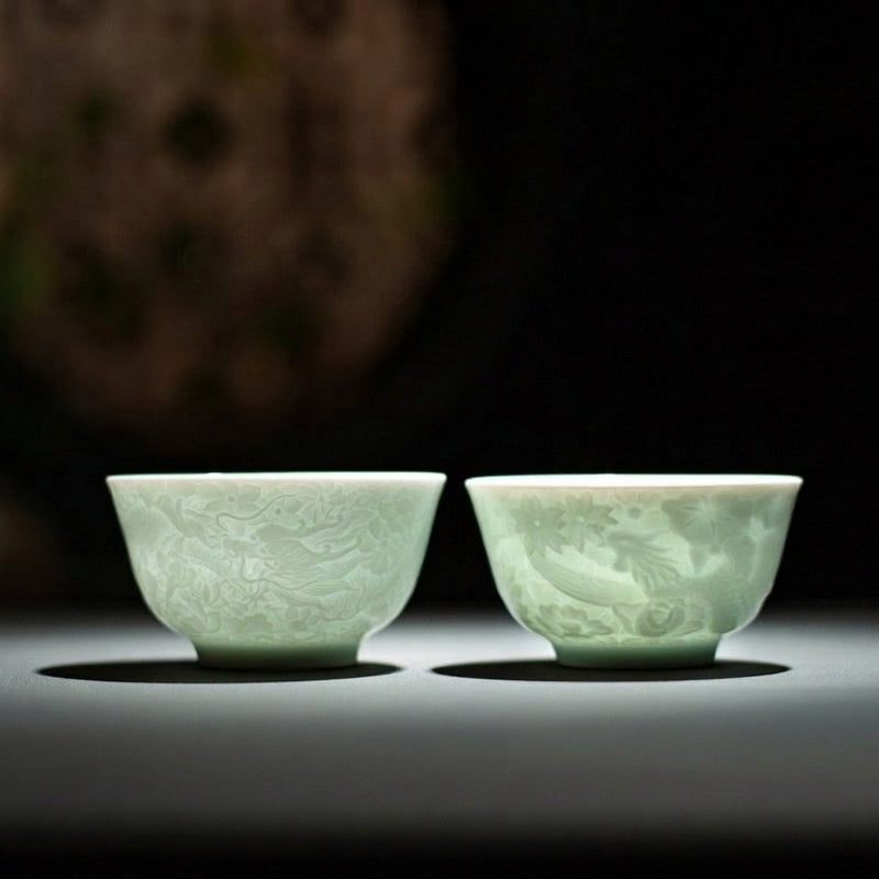 月華雙輝影青龍鳳浮雕對杯高級茶具